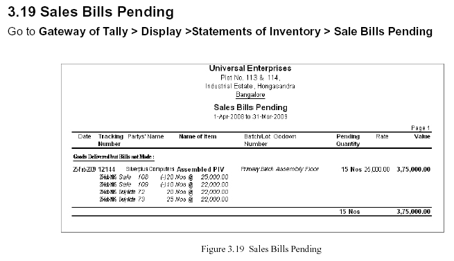 'Sales Bill Pending' Report @Tally.ERP 9